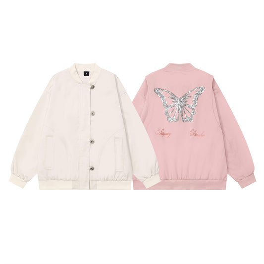 Design Sequined Embroidered Butterfly Baggy Coat Baseball Uniform