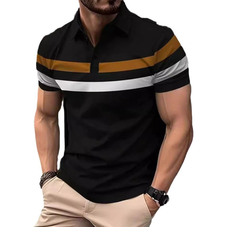 Striped Stitching Fashion Casual Button Short Sleeve