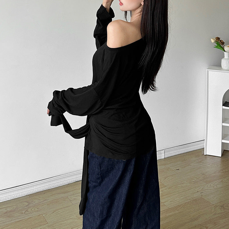 New Fall Women's Clothing Solid Color Loose Diagonal Collar Top