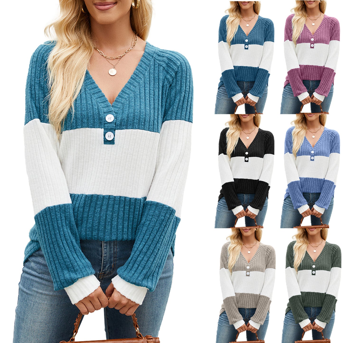Women's Long Sleeve V-collar Contrast Color Loose Top