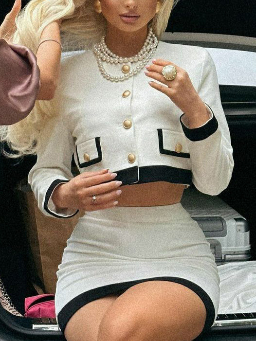 Contrast Color Single-breasted Cropped Jacket & Mini Skirt Set
