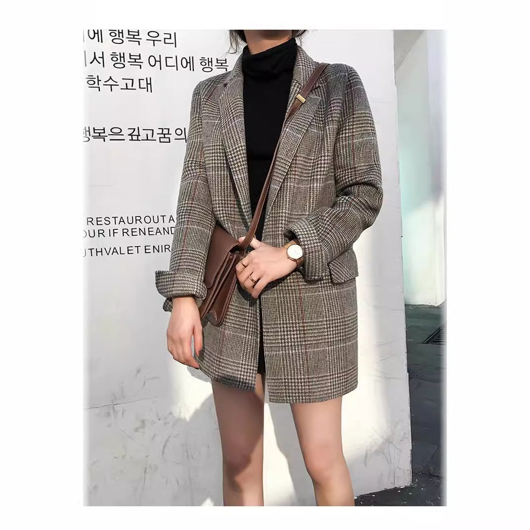 Season New Checkered Suit Retro Loose All-match Mid-length Woolen Plaid Suit