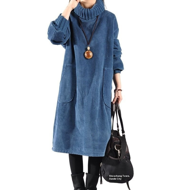 Pocket Turtleneck Corduroy Fleece-lined Thick Corduroy Dress