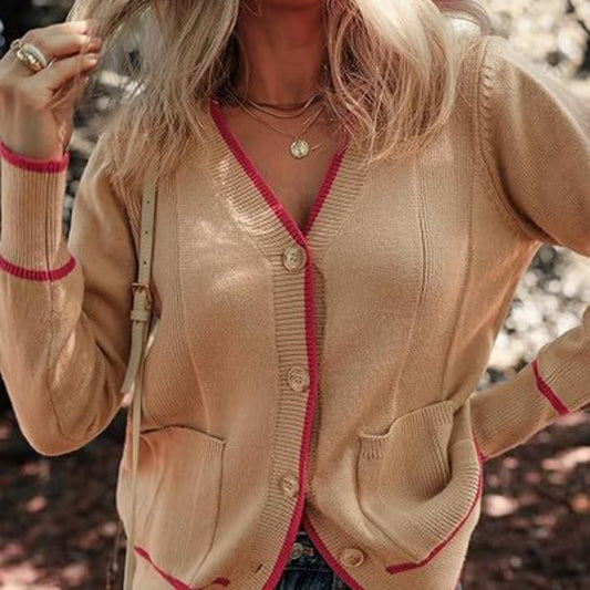 Women's Knitted Button Coat Color Matching Sweater