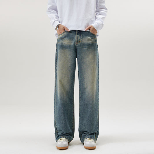 Washed Blue Pleated Jeans Men's Loose