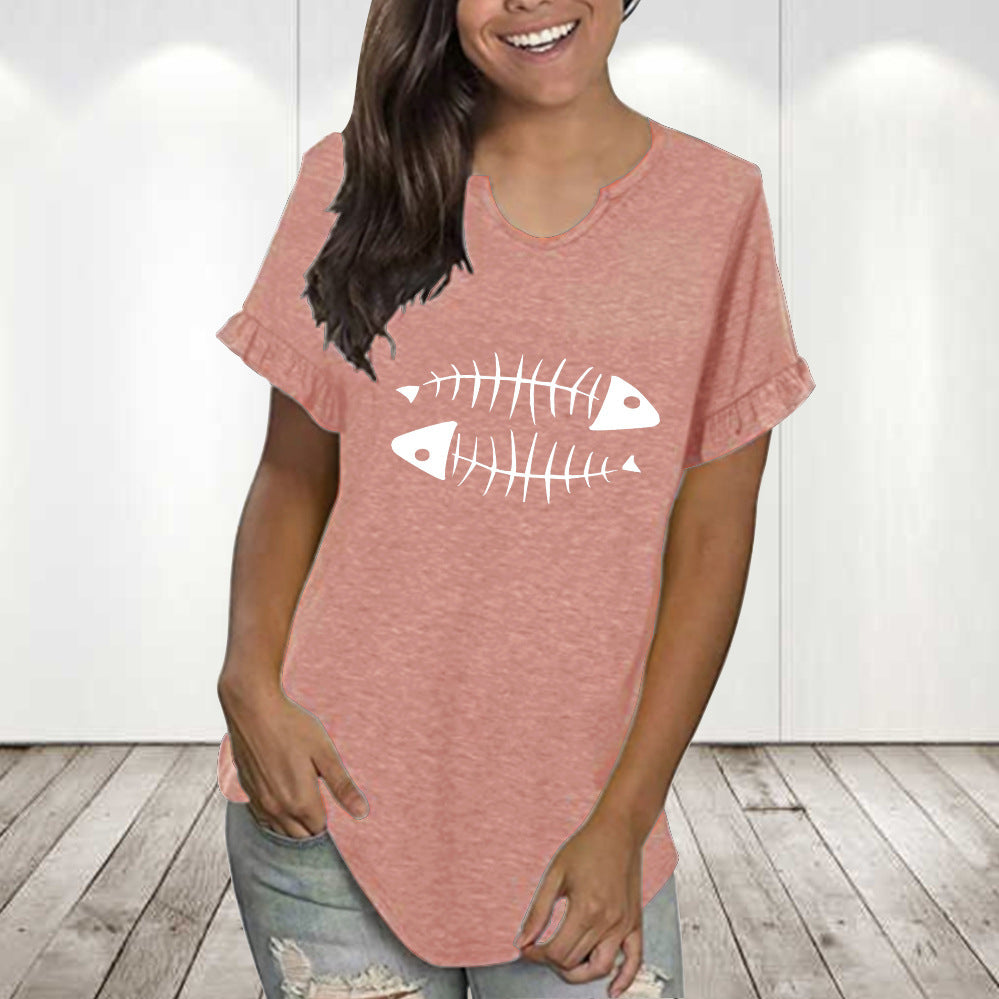 Round Neck Pleated Lace Personalized Printing Series Short Sleeve