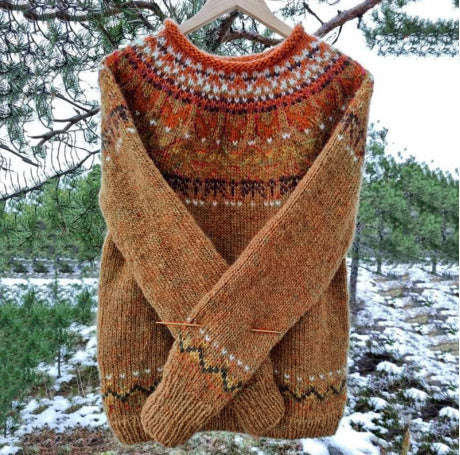 Thick Needle Fabric Printed Women's Round Neck Sweater