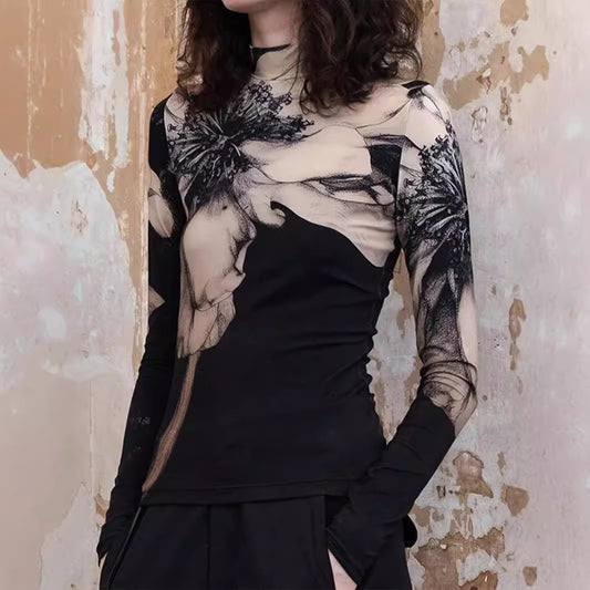 Women's Turtleneck Long Sleeve Digital Printed T-shirt