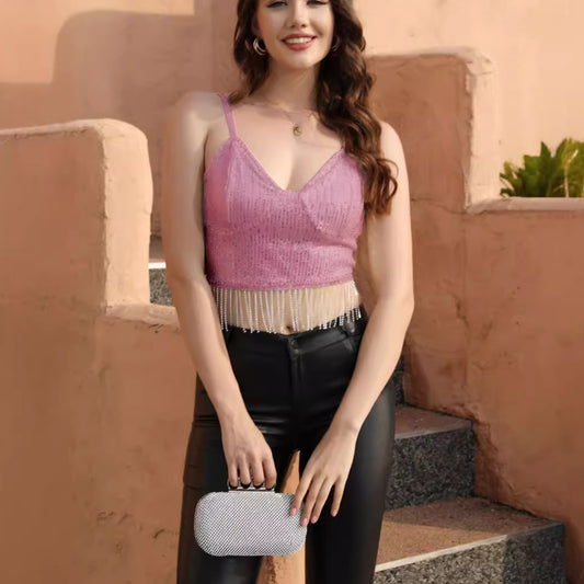 Crystal Chain Hot Girl Vest Short Spaghetti Straps Midriff-baring Top