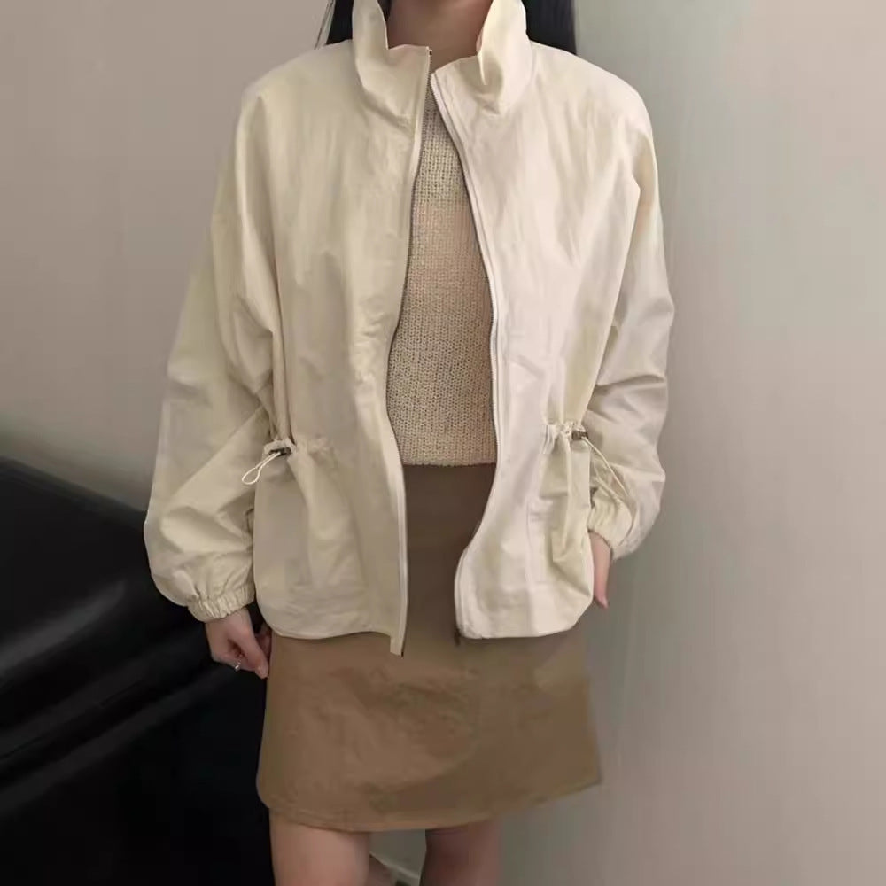Leisure Cargo Style Drawstring Pocket Zipper Coat For Women