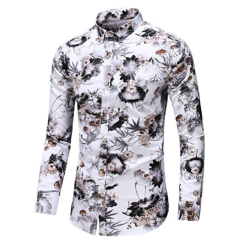 Men's Printed Long Sleeve Shirt Fashion Polo Collar