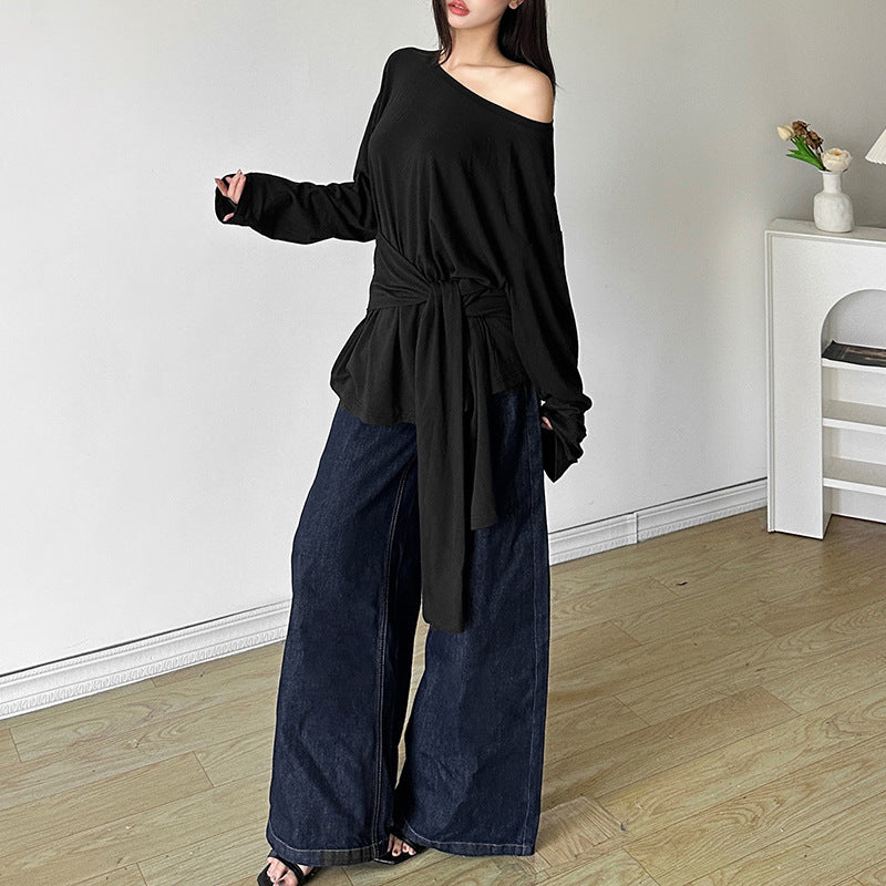 New Fall Women's Clothing Solid Color Loose Diagonal Collar Top