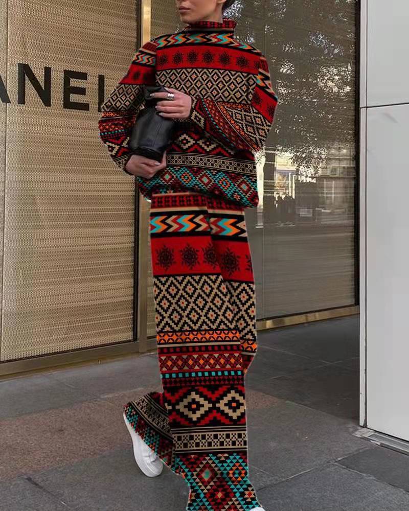 Women's Fashion Printed Loose High Collar Long-sleeved Two-piece Suit
