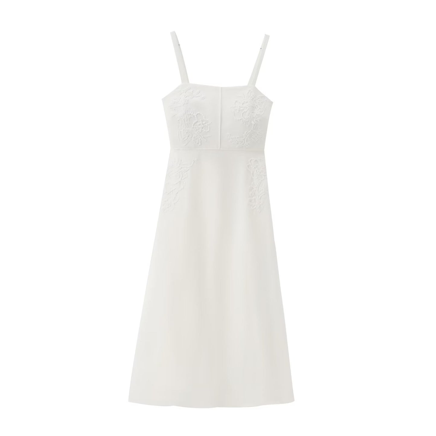 Women's White Embroidered Suspender Midi Skirt