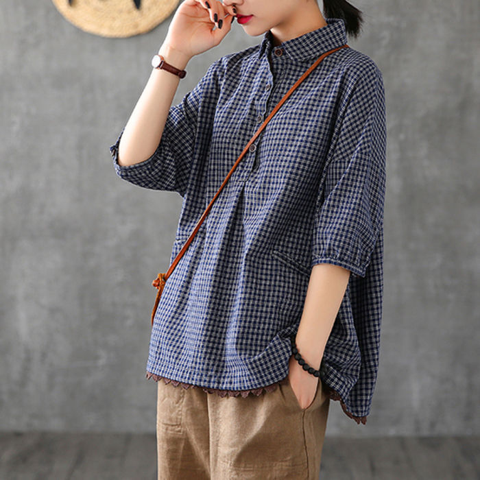 Retro Lace Loose Oversized Plaid Shirt