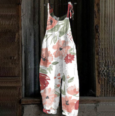 Women's Printed Street Hipster Fashion Multi-color Cotton And Linen Suspender Jumpsuit
