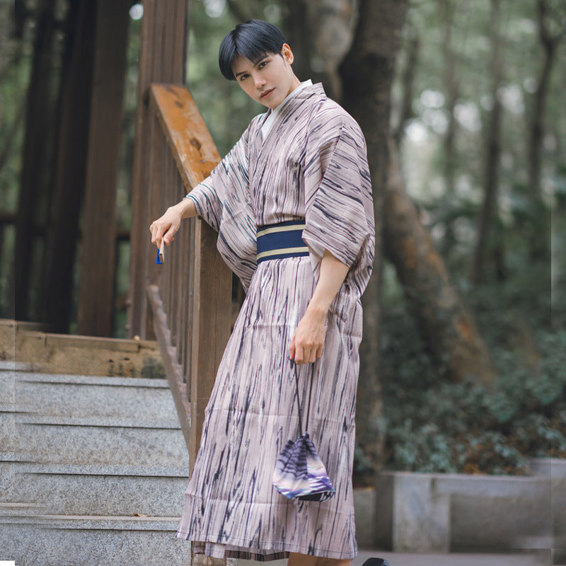 Men's Traditional Warrior Baby Rompers Formal Wear Japanese Kimono Not Wrinkle Material Four Seasons Wood Texture