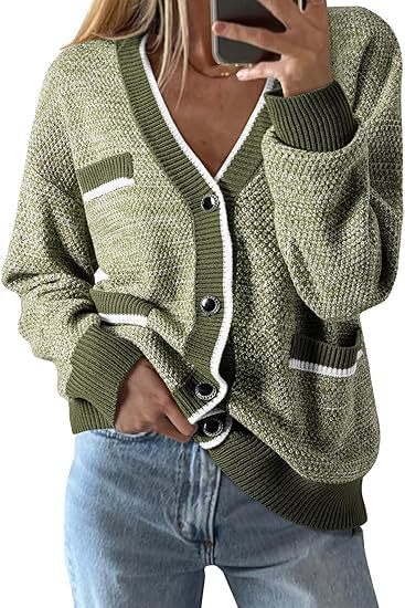 Women's V-neck Pocket Long-sleeved Knitted Cardigan Color Matching