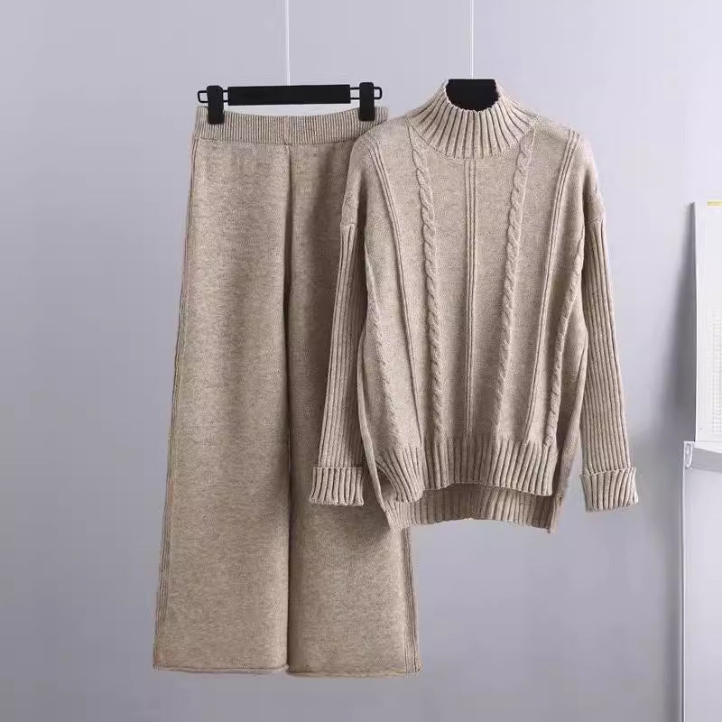 High-end Mock Neck Sweater Wide-leg Pants Suit Women