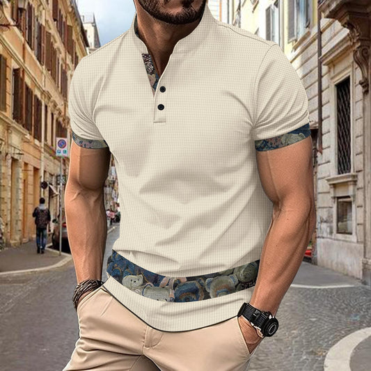 Color Stitching Stand-collar Short Sleeve Button Fashion