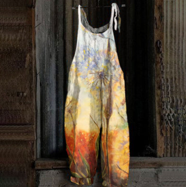 Women's Printed Street Hipster Fashion Multi-color Cotton And Linen Suspender Jumpsuit