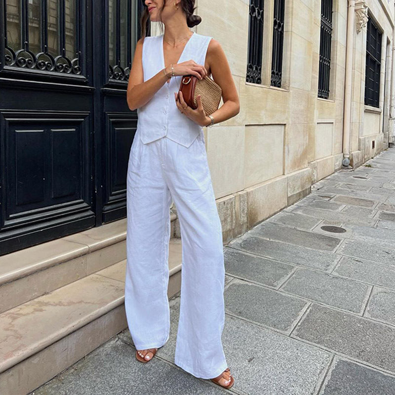 European And American Women's Cotton And Linen Sleeveless Vest Waistcoat Trousers Two-piece Set