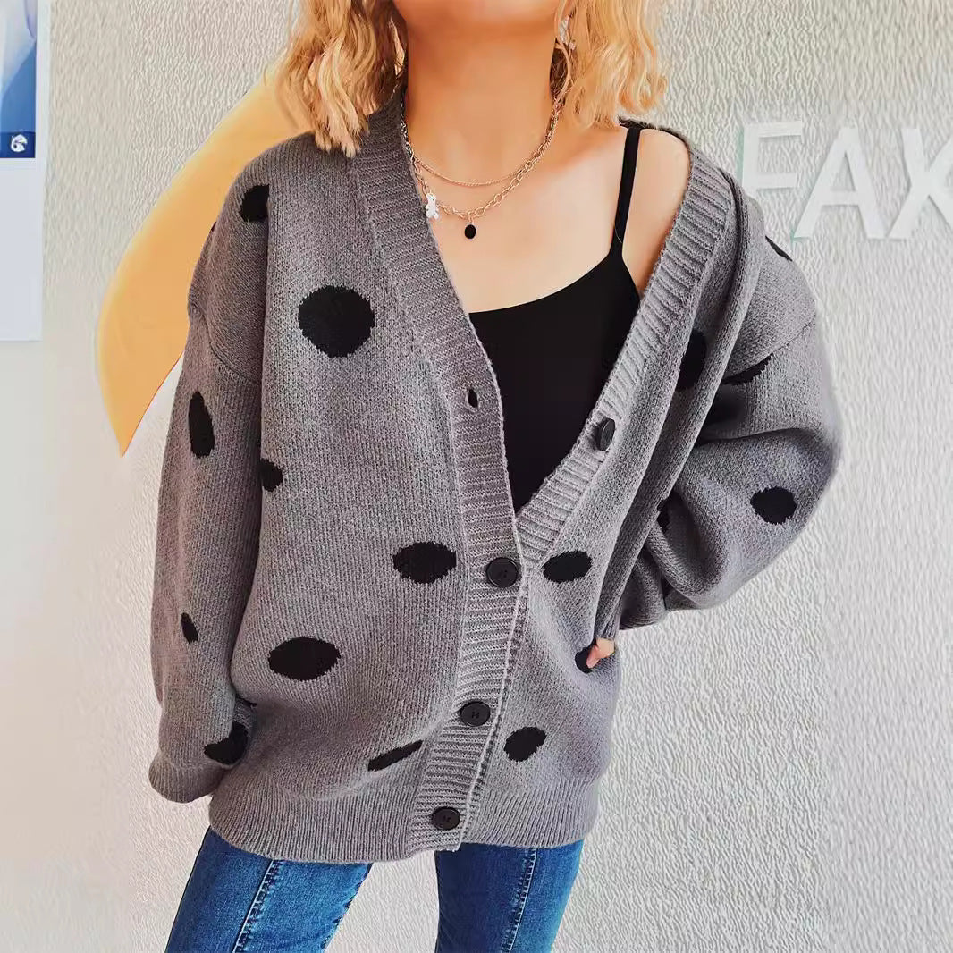 Big Dot Jacquard Knitted Cardigan V-neck Coat Women