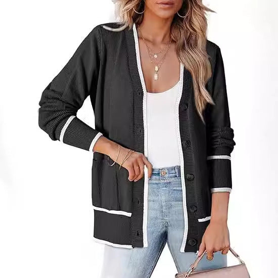 Women's Knitted Button Coat Color Matching Sweater