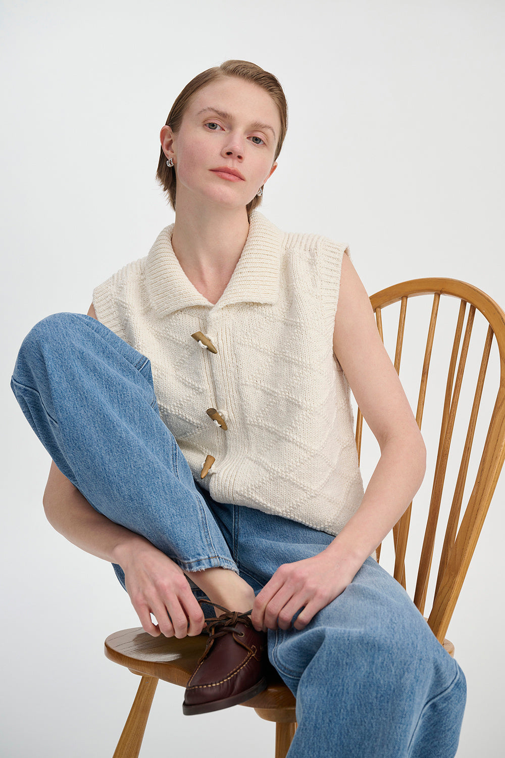 Vintage Cotton Texture Diamond Lattice Woven Cardigan Vest