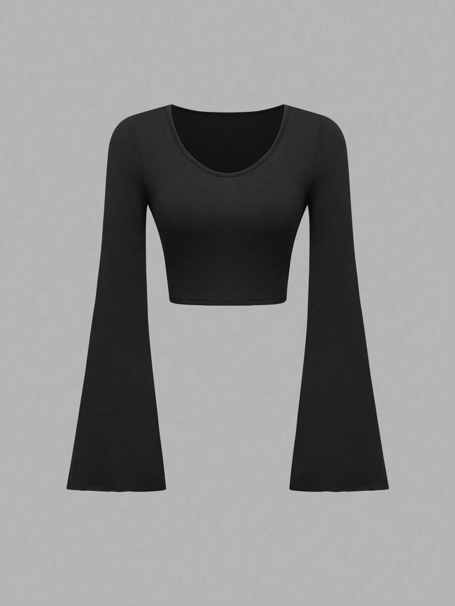 Fashion Solid Color Scoop Bell Sleeve Short Slim Fit Slimming T-shirt