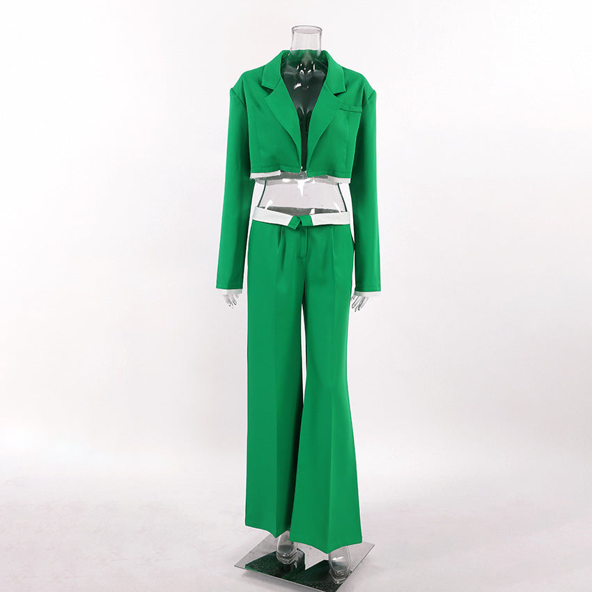 Buckle-free Crop-top Short Top Commuter Wide-leg Pants Suit