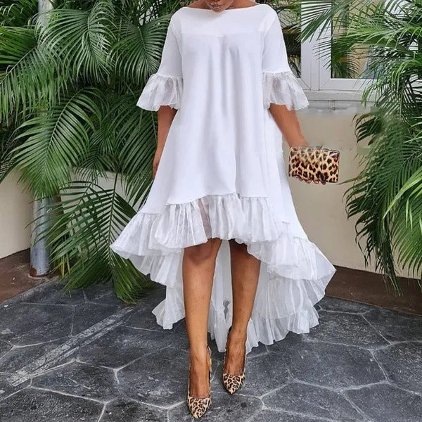 European And American Style Women 3-point Sleeve Irregular Hem Holiday Party Dress Lace Stitching Dress
