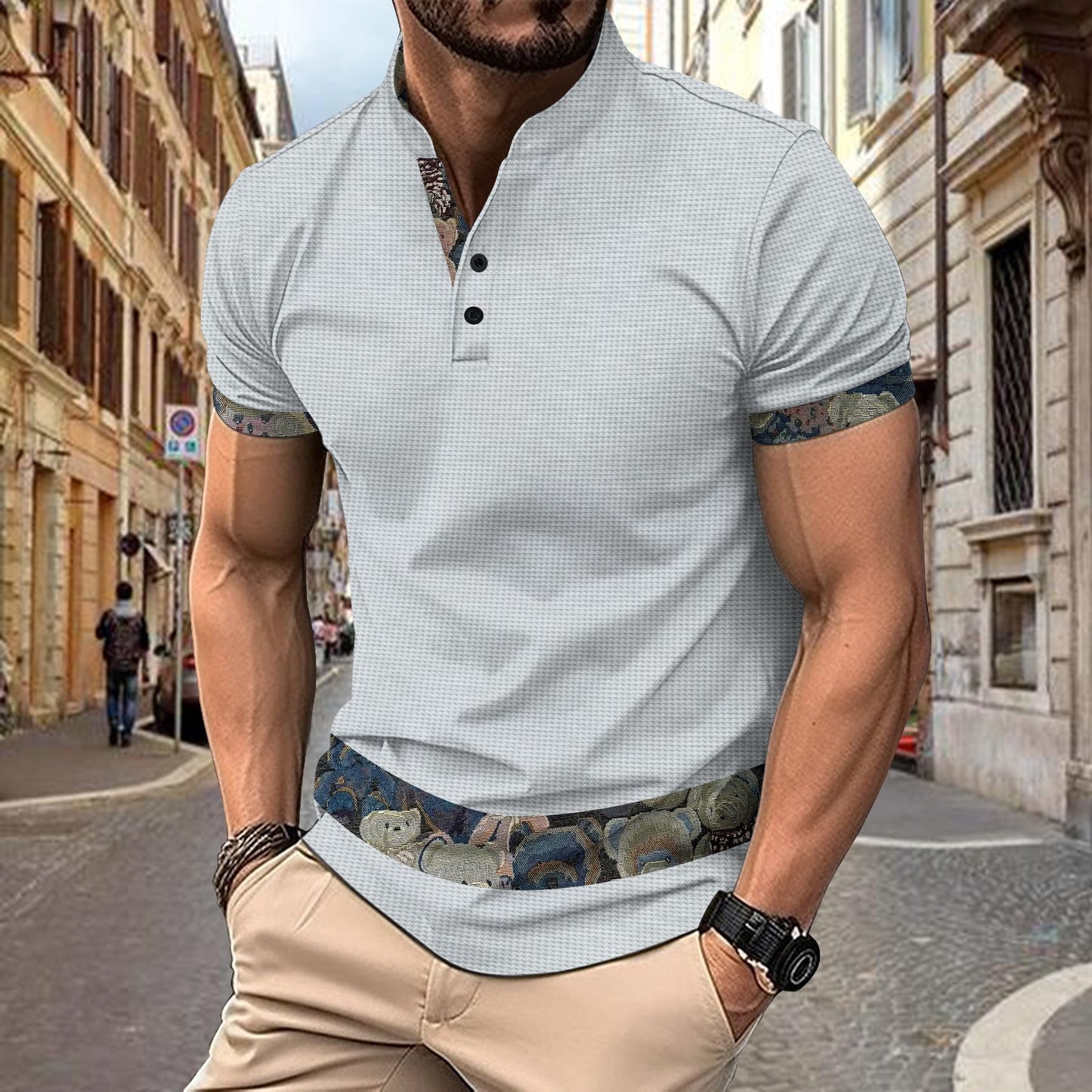 Color Stitching Stand-collar Short Sleeve Button Fashion