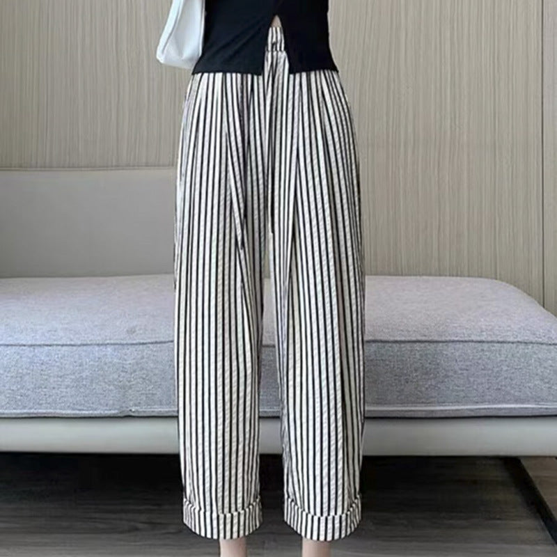 Elastic Waist Loose Vertical Stripes Casual Straight Pants