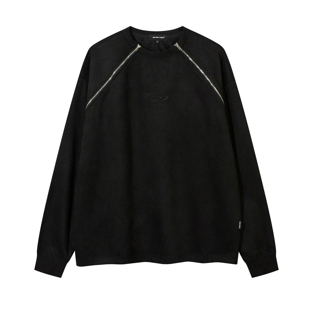 Double Zipper Stitching Long Sleeve Loose-fitting Casual Round-neck