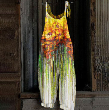 Women's Printed Street Hipster Fashion Multi-color Cotton And Linen Suspender Jumpsuit