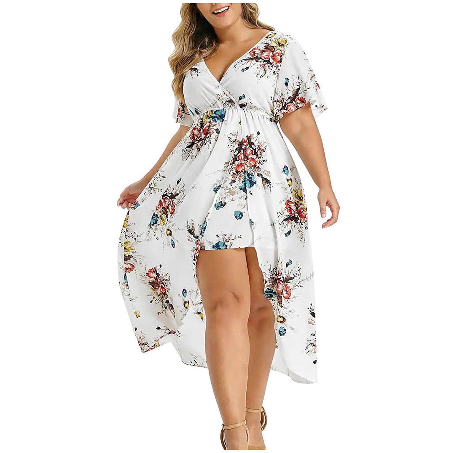 New Women's Loose Slimming V-neckline Flower Print Plus Size Dress