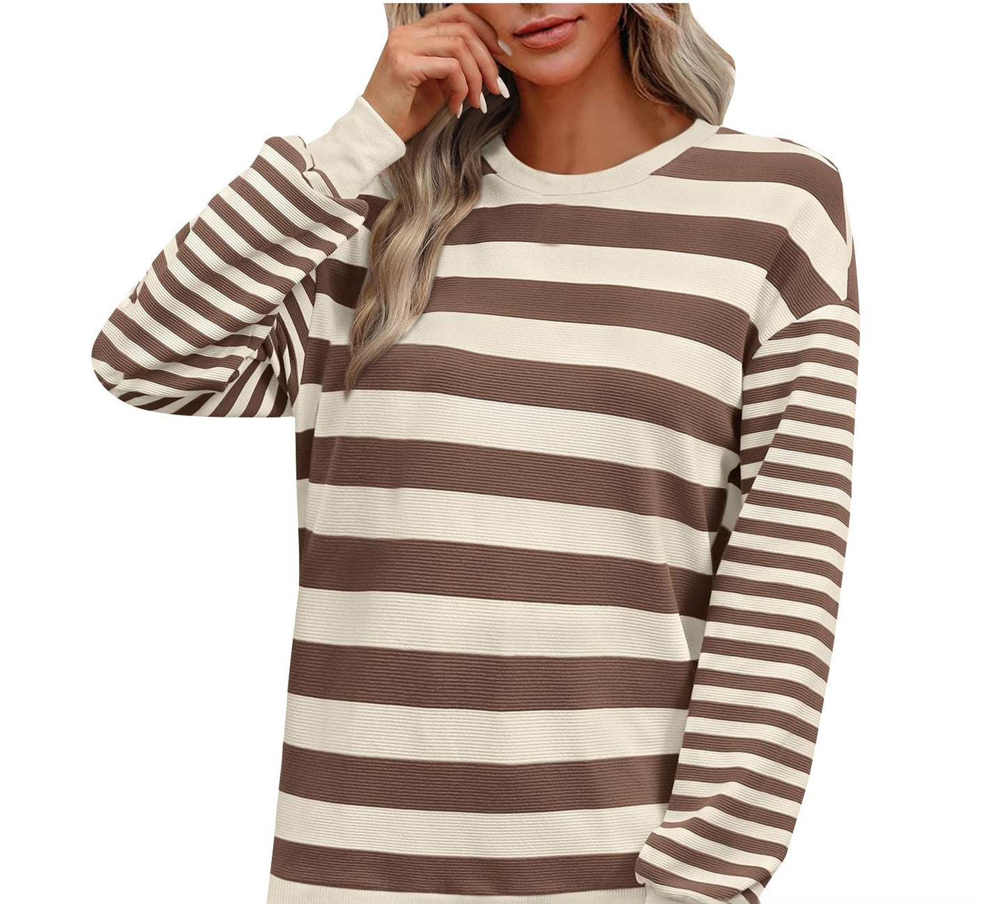 Striped Round Neck Contrast Color Loose Long Sleeve Sweatershirt Women