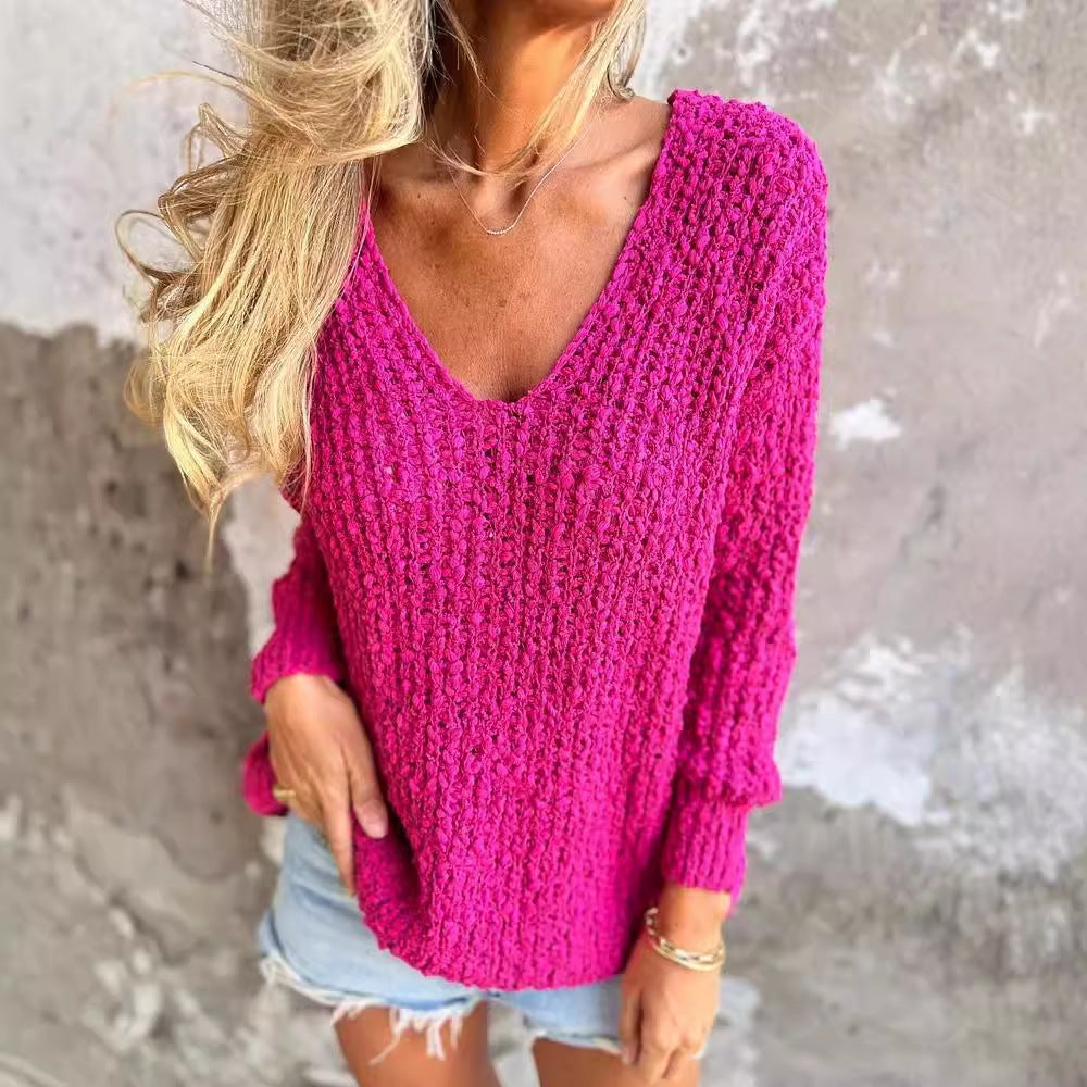 Autumn And Winter New Coarse Flower Knitted V-neck Laid-back Long Sleeve Sweater