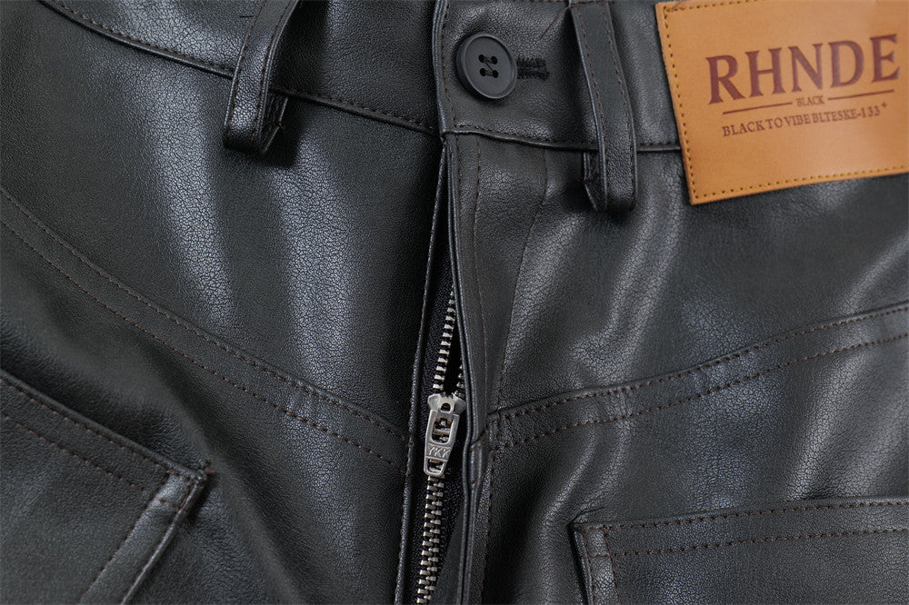 Men's Loose Cool Straight Pocket Inside-out Wear Design PU Leather Shorts