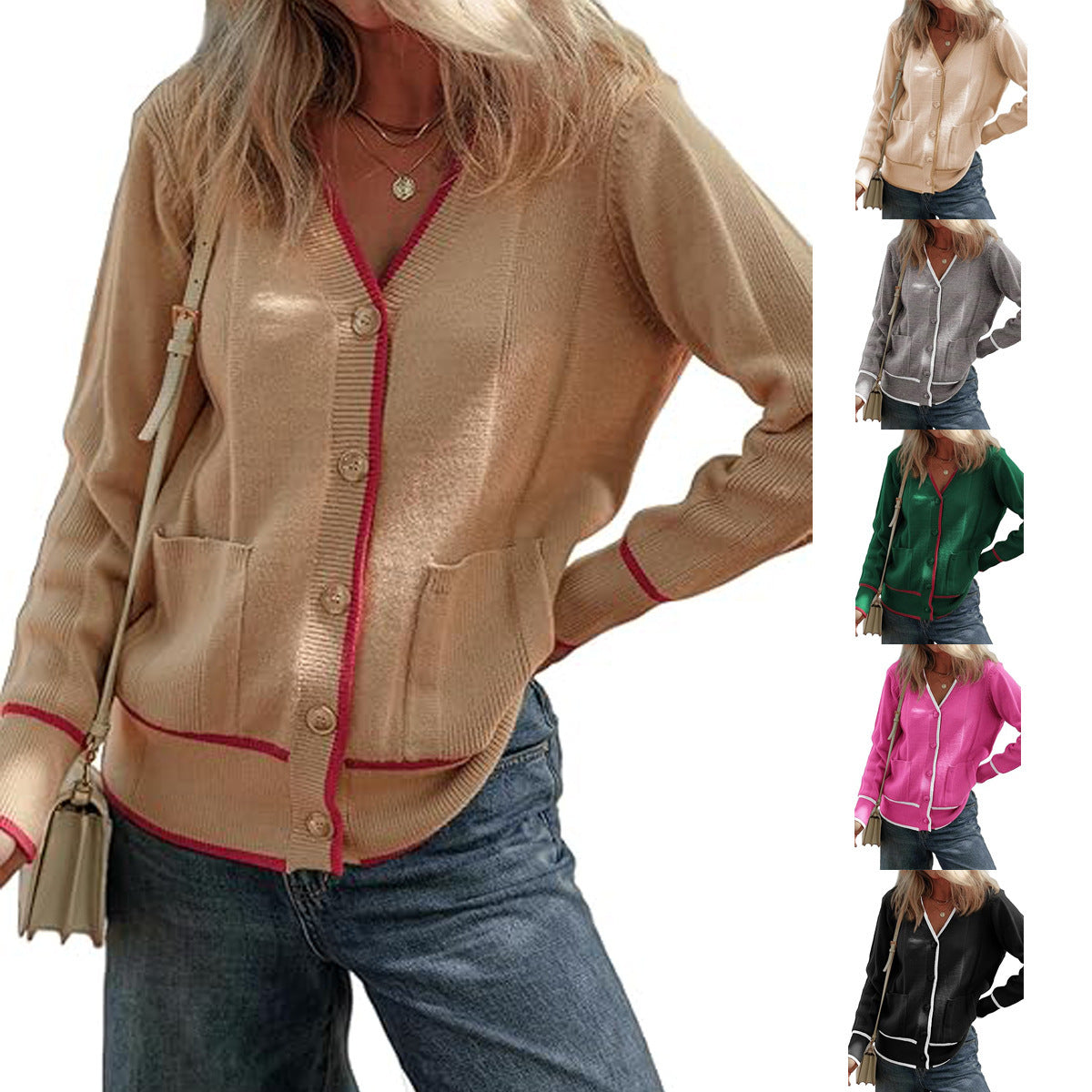 Women's Knitted Button Coat Color Matching Sweater
