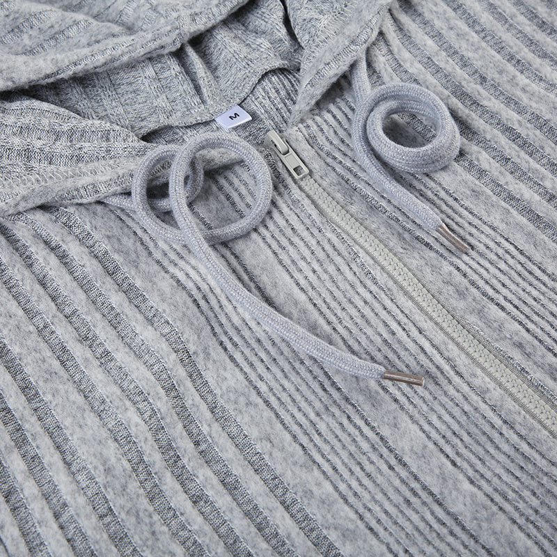 Autumn And Winter Gray With Zipper Cardigan Short Hooded Knitted Jacket