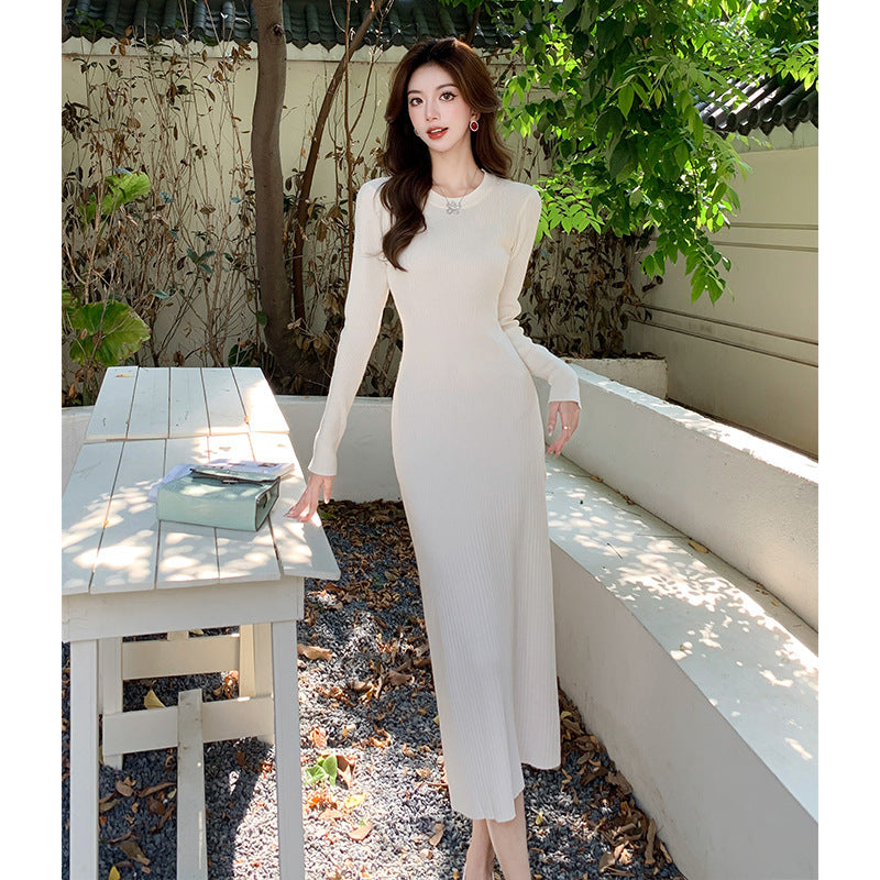 Over-the-knee Round Neck Woolen Skirt Women