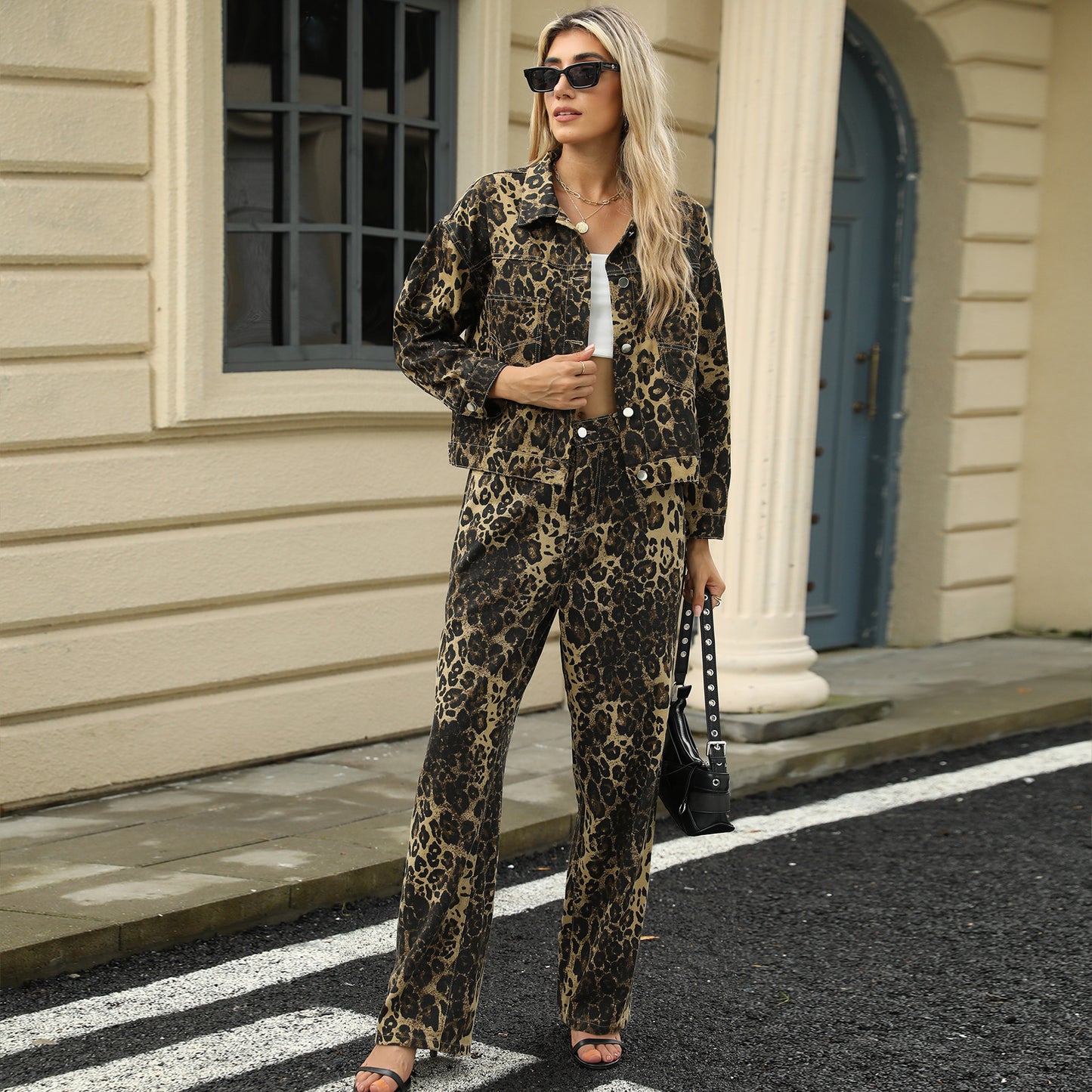 Washed Leopard Print Denim Coat Jacket