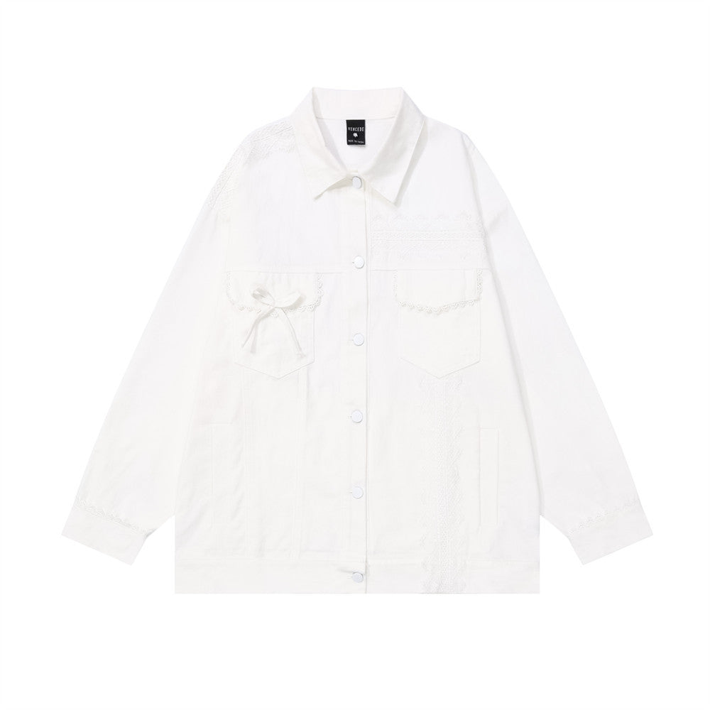 Lace Design Sense Personalized Minority Solid Color Baggy Coat
