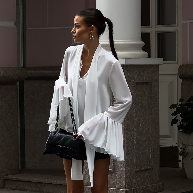 Solid Color Flared Long Sleeve V-neck Lace-up Micro Transparent Elegant Shirt