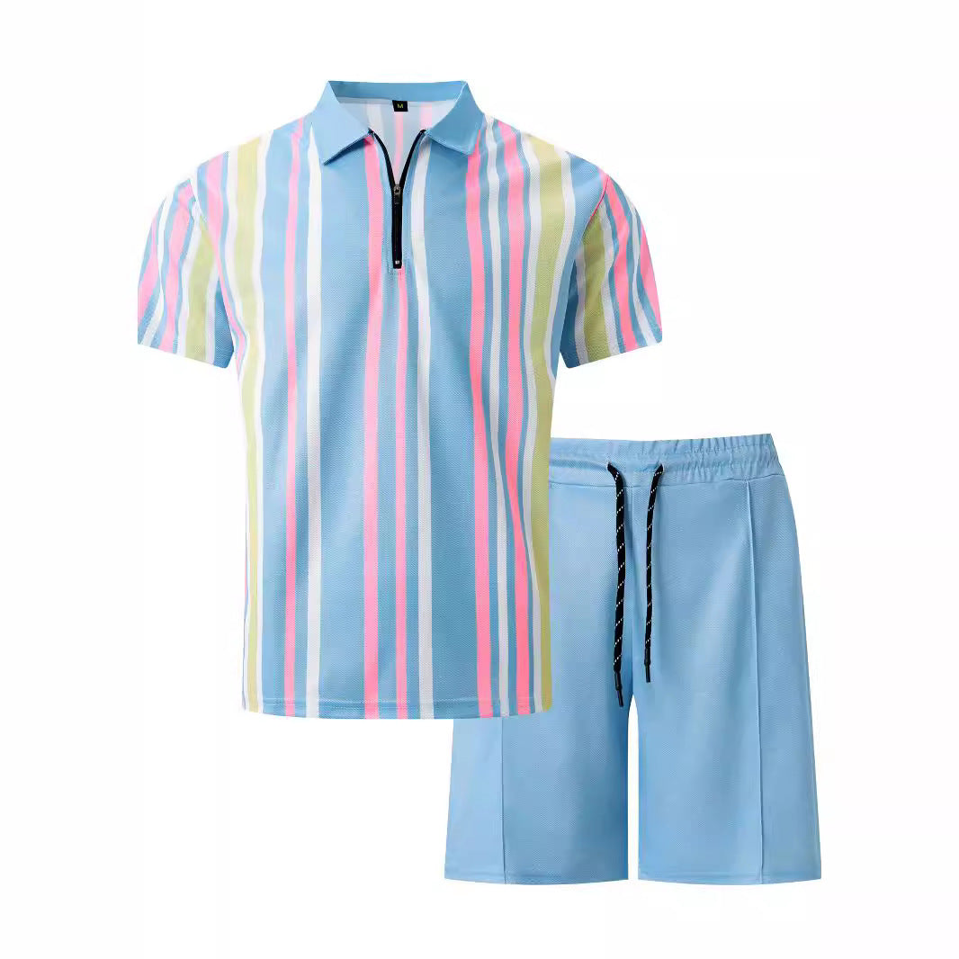 Striped Printed Short Sleeve Shorts