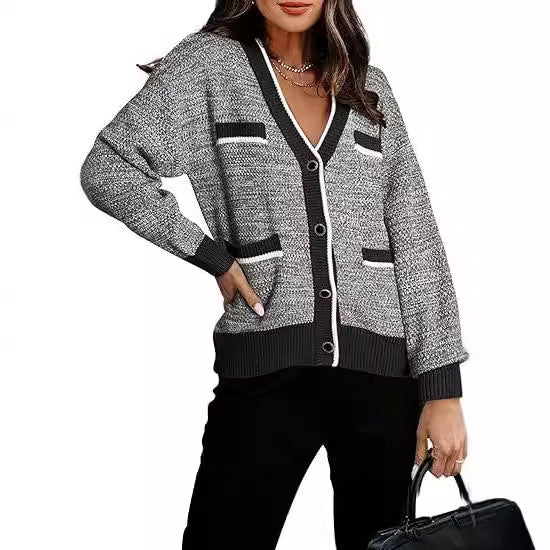 Women's V-neck Pocket Long-sleeved Knitted Cardigan Color Matching