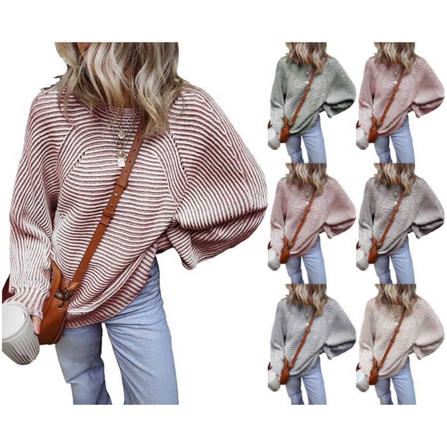 Textured Knitted Pullover Batwing-sleeve