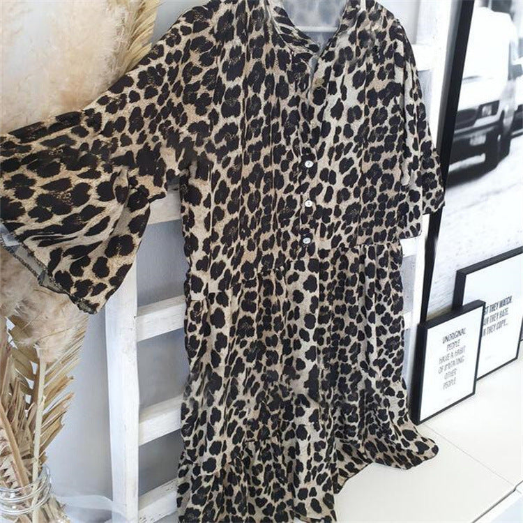 Pullover Slimming Printed Midi Skirt Leopard Print Mid-waist Dress